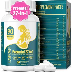 Prenatal Vitamins for Women multivitamin with Folic Acid DHA Choline for Pregnant and Nursing Women Niacinamide Biotin and Minerals 27 in 1 Needed Supplement 90 Capsules-30 Servings-White