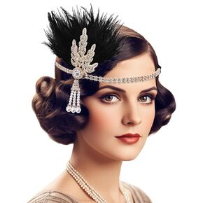 1920s Flapper Headband Black Feather Headpiece Gatsby Style Headband Vintage Headpiece Cocktail Party Roaring 20s Accessories for Women and Girls