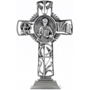 Pewter Catholic Saint St Stephen Pray for Us Standing Cross, 6 Inch