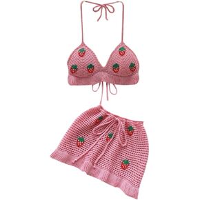 Women Crochet Knitted Two Piece Outfit Hollow Out Bikini Halter Top and Mini Skirt Swimsuit Beach Cover Up Set