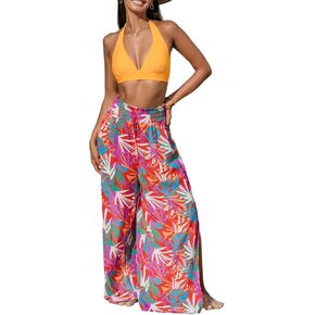 CUPSHE Women's Smoked Cover Up Pants Bathing Suit Bottom Summer Wide Lege Beach Wear Side Slit Sheer Tropical 2024