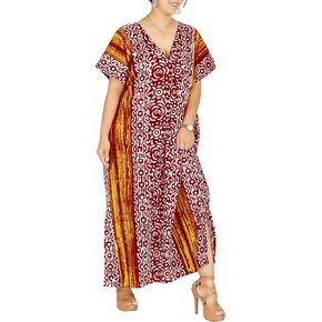 LA LEELA Women's Summer Batik Caftan Long Loungewear Dashiki House Dress V Neck Kaftan Sleepwear for Women Nightgown Plus size 3X-4X Orange, Floral