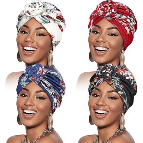 Geyoga 4 Pieces African Headwrap Turban for Women Hair Wrap Head Cap Stretch Pre-Tied Knot Bonnet Hair Covers for Black Women(Flower Knot Cap)