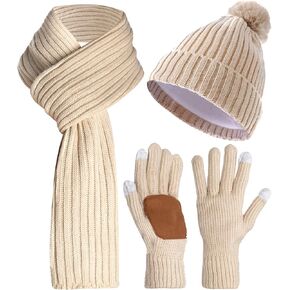 مجموعة قفازات وشاح قبعة نسائية متماسكة، قفازات وشاح قبعة شتوية للنساء مجموعة إكسسوارات شتوية للنساء مع قبعة شتوية دافئة بوم بوم، قفازات شاشة تعمل باللمس، وشاح طويل متماسك in Kuwait