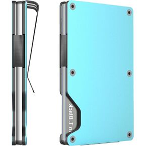 Minimalist Wallet with Cash Strap, Slim Wallet with Money Clip, RFID Blocking Metal Card Holder, Compact Pocket Wallet Ideal Gift for Men, Thin Card Clip Hold up to 12 Credit Cards (Sierra Blue)