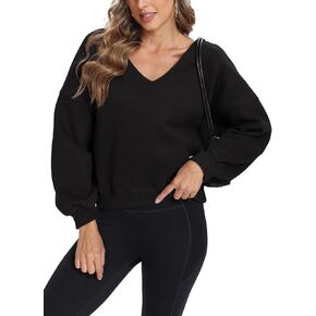 Ladyful Women's Long Sleeve Double V Neck Sweatshirt Oversized Off Shoulder Pullover Loose Tunic Tops