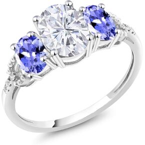 Gem Stone King 2.44 Cttw 10K White Gold Oval Moissanite Tanzanite and diamond Accent 3-Stone Engagement Ring | 3 Stone Wedding Anniversary Promise Gold Ring For Women
