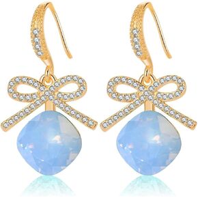 Austrian Crystal Bowknot Cushion Cut Square Drop Dangle Earrings for Women Fashion 14K Gold Plated Hypoallergenic Jewelry