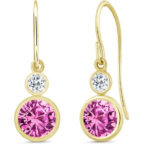 Gem Stone King 14K Yellow Gold Pink Created Sapphire and White Topaz Drop Dangle Earrings For Women (2.28 Cttw, Gemstone September Birthstone, Round 6MM and 3MM)