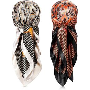 SATINIOR 35 Inch Silky Head Scarf 2 Pcs Large Square Neck Scarf Sleeping Hair Wrapping Satin Scarf for Women(Vintage Color,Vintage Style)