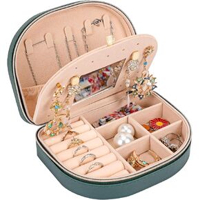 Fixwal Travel Jewelry Box, Small Jewelry Organizer PU Leather with Mirror for Earring Necklace Bracelet Ring Holder Box for Women Girl (Emerald)