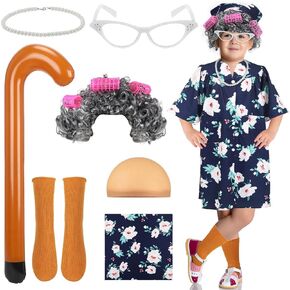 Haull 8 Pcs Old Lady Costume for Kids Girls 100th Day of School Grandma Costume Accessories Dress Granny Wig Crutch Glasses (Cute,7-10 Years)