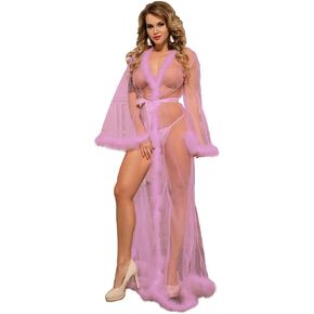 ohyeahlady Women Long Kimono Robe Plus Size Sexy Sheer Mesh Fur Robe Lingerie Feather Bridal Robe