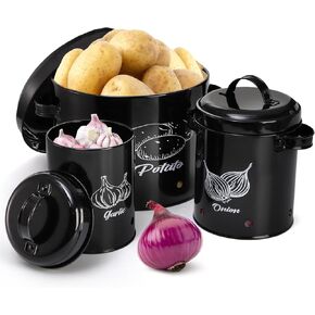 Frcctre Set of 3 Potato and Onion Storage Canisters, Potato, Onion, Garlic Kitchen Storage Bin With Lids, Metal Vegetable Keeper Storage Bins Set with Aerating Holes for Pantry Organization in Kuwait