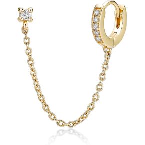 Lavari Jewelers Lab Grown Diamond Chain Huggie Hoop and Stud Single Earring for Women - 18k Yellow Gold Plated Sterling Silver Double Piercing Earring for Her (F-G, VS1-VS2, 0.077 cttw) Hinged Hoop