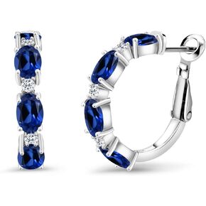 Gem Stone King 5.04 Cttw Blue Created Sapphire and White Topaz Hoop Earrings For Women In 925 Sterling Silver | Oval 6X4MM