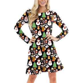Women Christmas Dress Ugly A-Line Ugly Long Sleeve Xmas Printed Dresses S