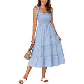 Rooscier Women's Spaghetti Straps Square Neck Smocked Tiered Ruffle A Line Midi Dress