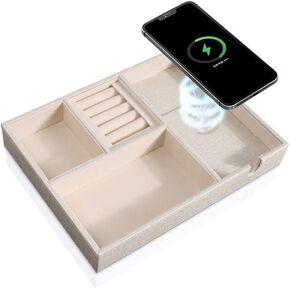 SANZIE Leather Jewelry Tray with Wireless Charger - Nightstand Organizer for Phone, Wallet, Keys, Sunglasses, Watches, Jewelry, and More (Black, Medium)