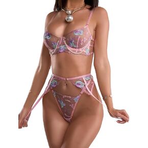 Lingerie Sets For Women Sexy, Pink Floral Embroidery Pearl Chain Lingerie Set in Kuwait