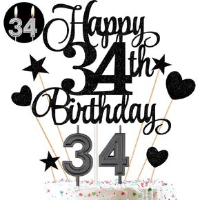 34th Birthday Cake Decorations Set Include 34th Birthday Candles Numeral 34 Cake Candles and Happy 34th Birthday Cake Toppers with Heart Star Cupcake Picks for Birthday Party (Black Serise)