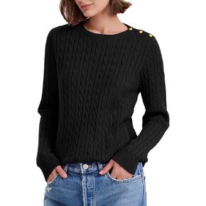 PrettyGuide Women's Cable Knit Sweater Long Sleeve Crewneck Button Shoulder Casual Pullover Sweaters Tops