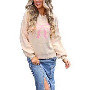 Women's Cute Bow Print Sweater Crewneck Loose Long Sleeve Pullover Knitted Jumper Top