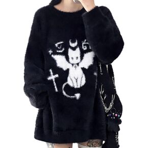 Women's Goth Devil Cat Print Black Japanese Long Sleeve Knitted Loose Furry Pullover Sweater Top