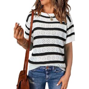 EVALESS Womens Short Sleeve Sweaters Casual Crewneck Knit Shirt Tops Trendy Striped Color Block Hollow Out Sweater