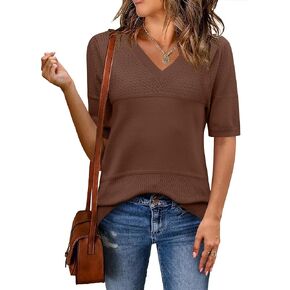 Zeagoo Womens Summer Sweater Casual Short Sleeve Pullover Tops V Neck Lightweight Shirts Ribbed Knit Dressy Blouse