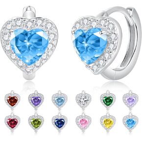 Dreamboat 12 Birthstone Heart Small Hoop Earrings 925 Sterling Silver Cubic Zirconia Heart Huggie Earrings Valentine's Day Birthday Wedding Jewelry Gifts for Women