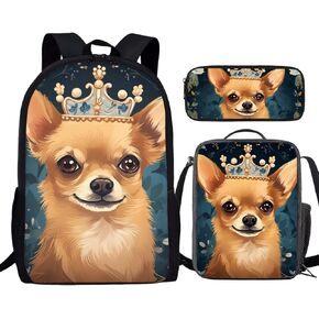 Howilath Pug Dog in Jeans Pocket 3 PCS Canvas Daypack Casual School Bag for Girls, Kids 17 Inch Backpack Set Teen Boys Shoulder School Bags Insulated Lunchbox with Pencil Case