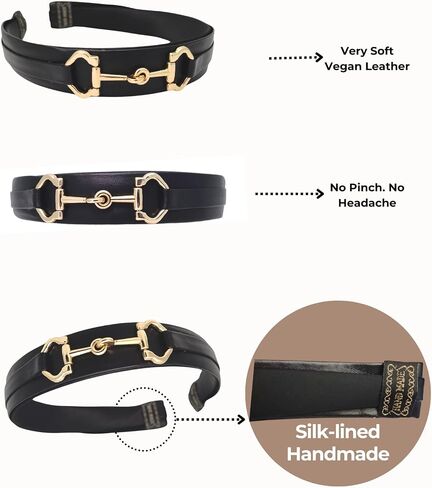 Black Vegan Leather Headband with Gold Snaffle Bit Buckle – Stylish and Comfortable Hair Accessory, Headache-Free Design, Lightweight & Durable, Perfect Accessory for Brunettes or Blondes in Kuwait