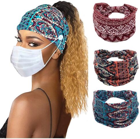 Boho Button Headband Women Wide Mask Hair Band Boho Elastic Sports Headwear Yoga Hair Band Workout Headwrap in Saudi Arabia