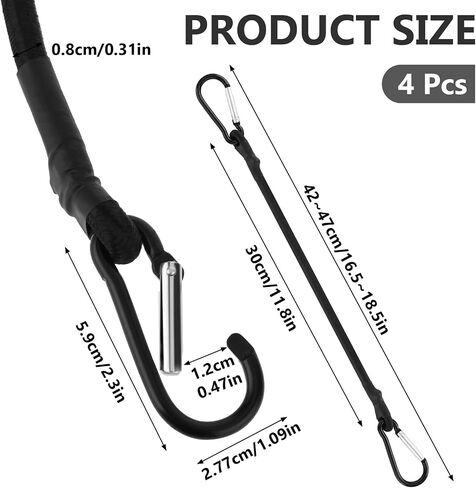 Bungee Cords with Carabiner Hooks, 4 Pieces Black Bungee Cords Heavy Duty Outdoor 12 Inch Short Bungee Straps Elastic Rubber Rope Cord Adjustable Bungee Cords with Hooks for Bike,Luggage,Tent Camping in Saudi Arabia
