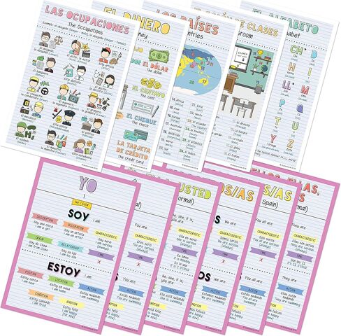 Spanish Verbs & Beginner Vocabulary (Set C) Poster Set, Spanish Classroom Learning Materials for K-12 Students and Teachers, Set of 11, 12 x 18 Inches, Extra Durable in Kuwait