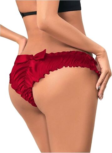 Milumia Women Satin Panty Bow Knot Frill Trim Ruched Cheeky Underwear Low Waist Bikini Briefs in Kuwait