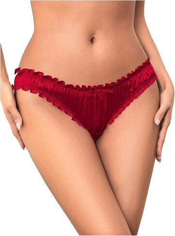 Milumia Women Satin Panty Bow Knot Frill Trim Ruched Cheeky Underwear Low Waist Bikini Briefs in Kuwait