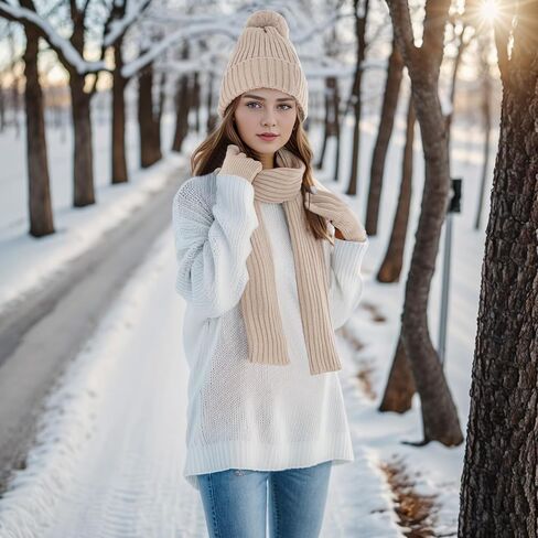 مجموعة قفازات وشاح قبعة نسائية متماسكة، قفازات وشاح قبعة شتوية للنساء مجموعة إكسسوارات شتوية للنساء مع قبعة شتوية دافئة بوم بوم، قفازات شاشة تعمل باللمس، وشاح طويل متماسك in Kuwait