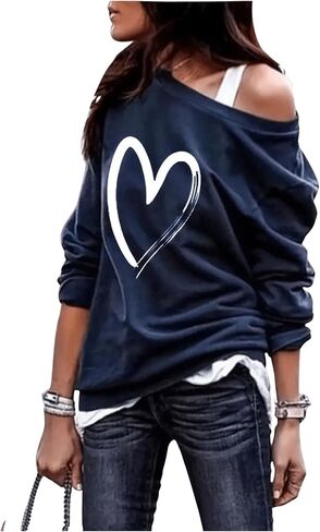 Women's Plus Size Heart Graphic Sweatshirt Off Shoulder Long Sleeve Y2K Pullovers Fall Tops in Saudi Arabia