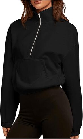 WDIRARA Women's Drop Shoulder Long Sleeve Kangaroo Pocket Zip Half Placket Sweatshirt in Saudi Arabia