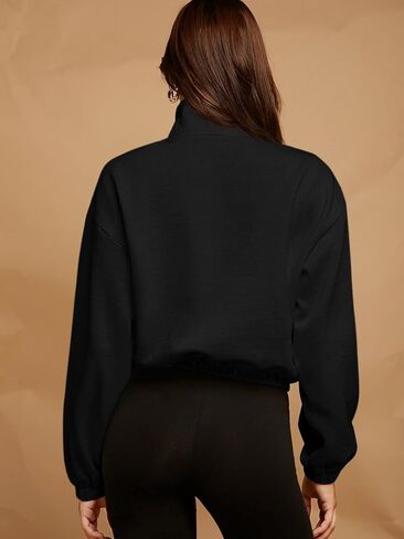 WDIRARA Women's Drop Shoulder Long Sleeve Kangaroo Pocket Zip Half Placket Sweatshirt in Saudi Arabia