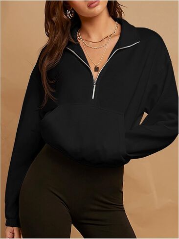 WDIRARA Women's Drop Shoulder Long Sleeve Kangaroo Pocket Zip Half Placket Sweatshirt in Saudi Arabia