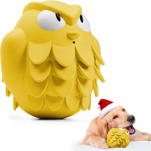 Tough Chew Dog Toys for Aggressive Chewers Giggle Ball Owl Rubber Interactive Treat Dispensing Slow Feeder Indestructible Teething Toys for Small Medium Large Dogs (Yellow) in Saudi Arabia
