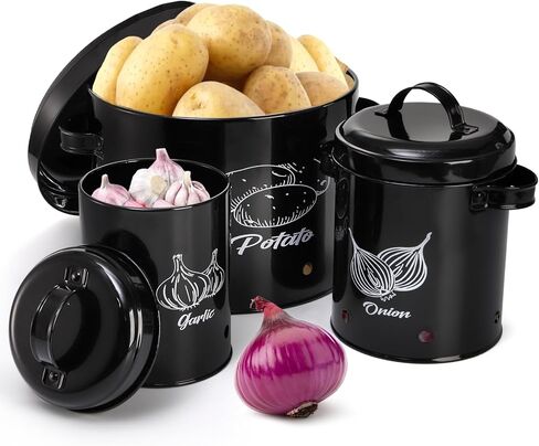 Frcctre Set of 3 Potato and Onion Storage Canisters, Potato, Onion, Garlic Kitchen Storage Bin With Lids, Metal Vegetable Keeper Storage Bins Set with Aerating Holes for Pantry Organization in Kuwait