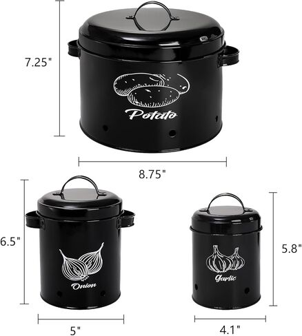 Frcctre Set of 3 Potato and Onion Storage Canisters, Potato, Onion, Garlic Kitchen Storage Bin With Lids, Metal Vegetable Keeper Storage Bins Set with Aerating Holes for Pantry Organization in Kuwait