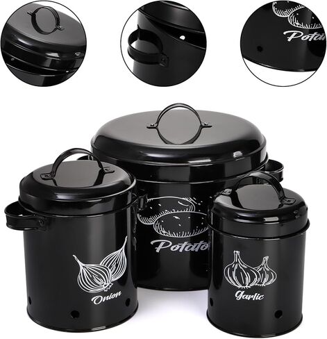 Frcctre Set of 3 Potato and Onion Storage Canisters, Potato, Onion, Garlic Kitchen Storage Bin With Lids, Metal Vegetable Keeper Storage Bins Set with Aerating Holes for Pantry Organization in Kuwait