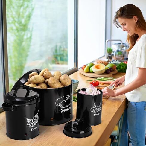 Frcctre Set of 3 Potato and Onion Storage Canisters, Potato, Onion, Garlic Kitchen Storage Bin With Lids, Metal Vegetable Keeper Storage Bins Set with Aerating Holes for Pantry Organization in Kuwait
