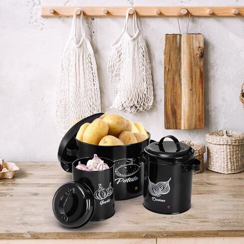 Frcctre Set of 3 Potato and Onion Storage Canisters, Potato, Onion, Garlic Kitchen Storage Bin With Lids, Metal Vegetable Keeper Storage Bins Set with Aerating Holes for Pantry Organization in Kuwait
