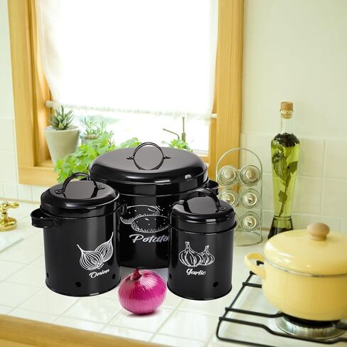 Frcctre Set of 3 Potato and Onion Storage Canisters, Potato, Onion, Garlic Kitchen Storage Bin With Lids, Metal Vegetable Keeper Storage Bins Set with Aerating Holes for Pantry Organization in Kuwait